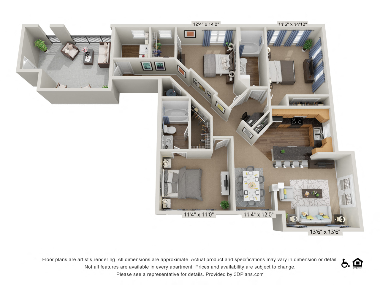 Floor plan for 3 beds, 2 baths, 1760 sqft